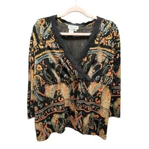 Coldwater Creek Size 2X Paisley Lace Trim V-Neck Blouse Black Gold Blue